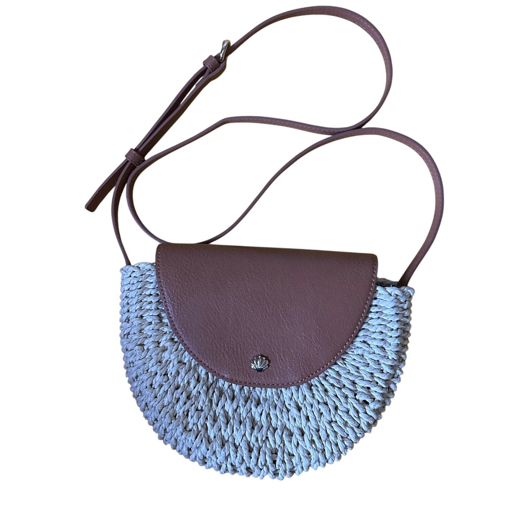 Straw Crossbody Bag Tan Faux Leather Trim Shell Accent Summer Beach